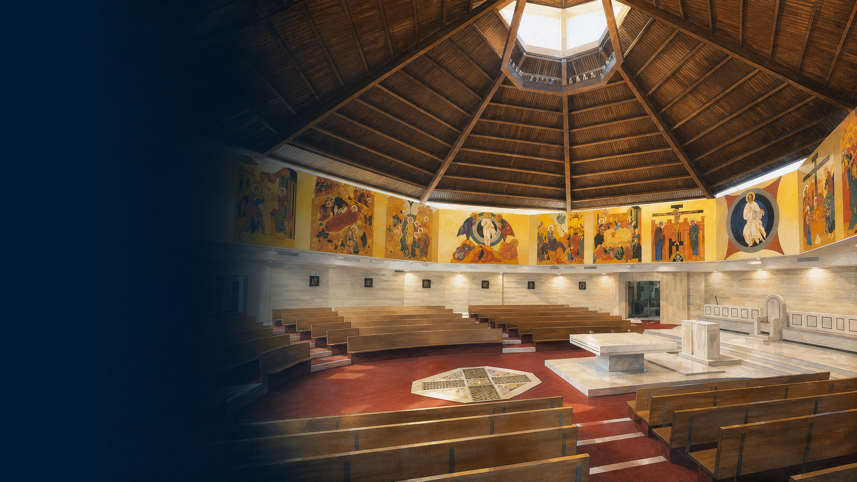 Interpretación arquitectónica del interior del templo Santos Apóstoles, con su cubierta radial de madera y lucernario octogonal